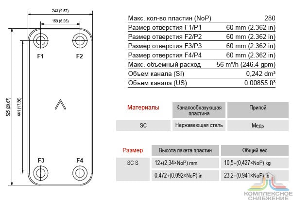 Габаритный чертёж и параметры паяного пластинчатого теплообменника SWEP B50