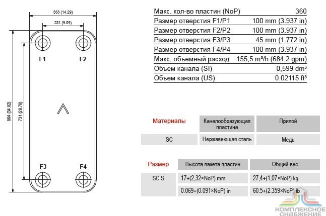 Габаритный чертёж и параметры паяного пластинчатого теплообменника SWEP P65